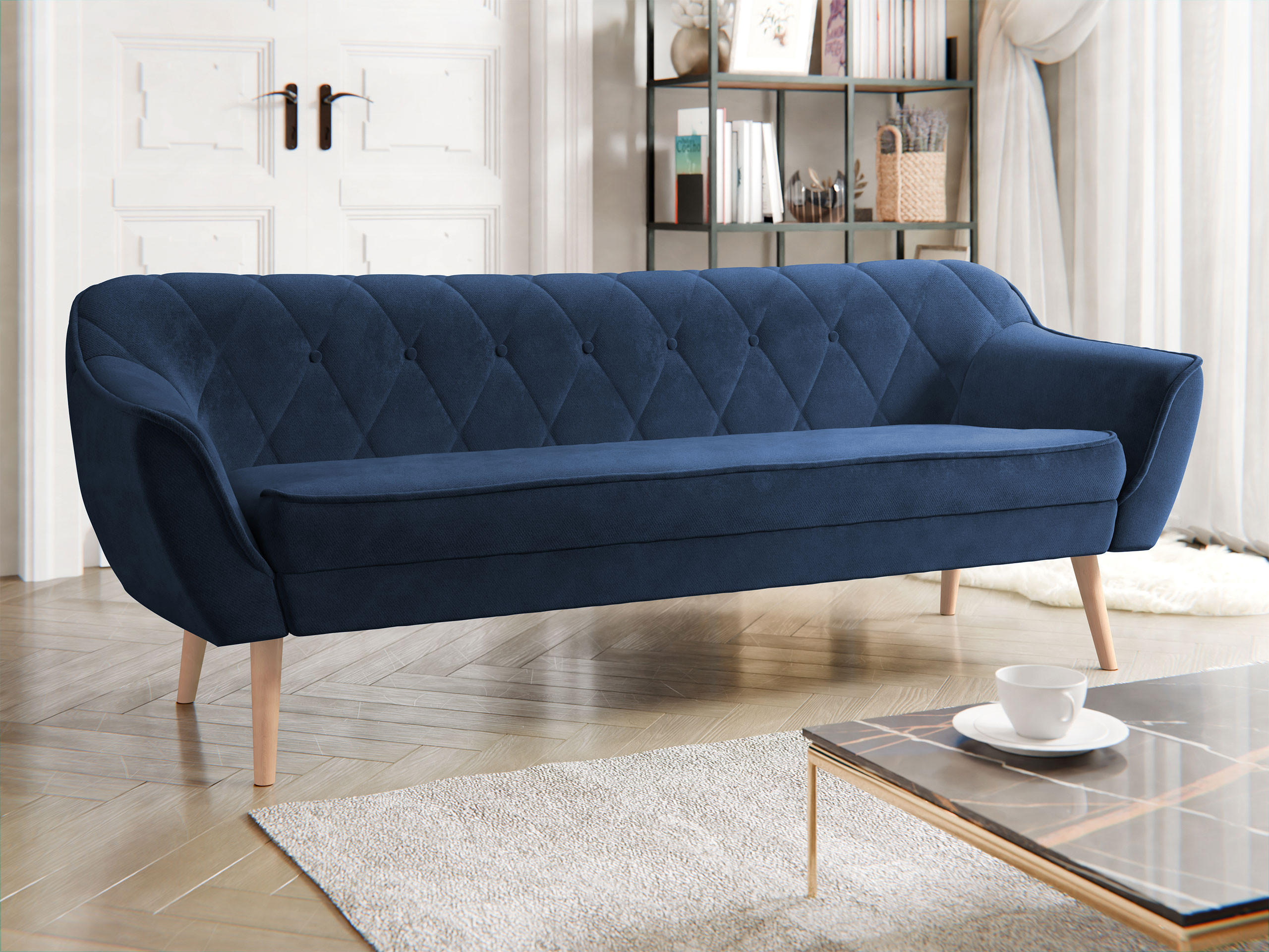 SOFA Skand 3 - Naturfarben/Dunkelblau, Holz/Textil (180/75/74cm) - MIRJAN24