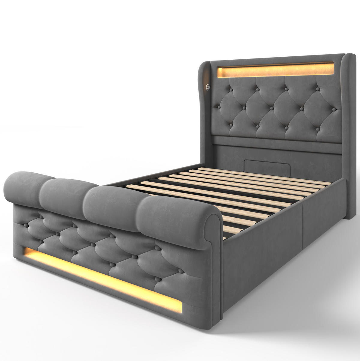 POLSTERBETT 90/200 cm Grau aus Samt mit Stauraum, LED-Beleuchtung und USB - Grau, Textil (90/200cm) - Flora Grace