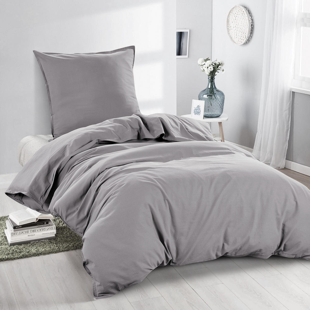 BETTWÄSCHE Stone Washed grau 135/200 cm 100% Baumwolle Used-Effekt mit Stehsaum - Grau, Textil (135/200cm) - wometo