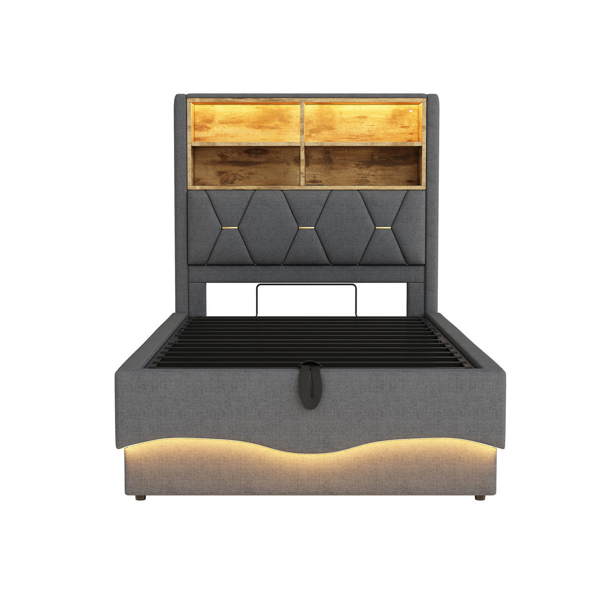 BETT mit Stauraum und LED 90x200 cm Leinenstoff Grau - Grau, Metall (90/200cm) - Beauniv