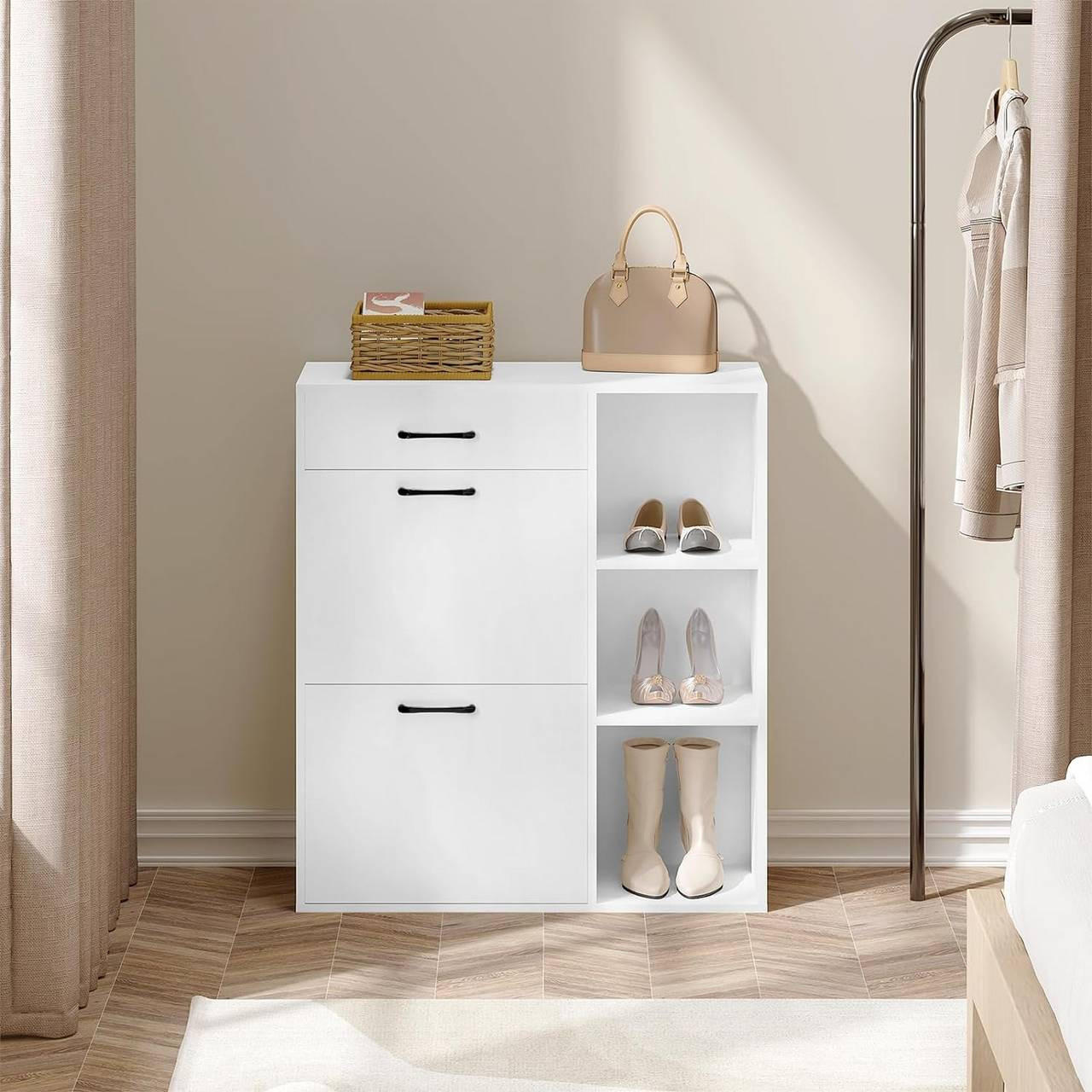 SCHUHSCHRANK mit 2 Klappfächern, Weiß - Weiß, Holzwerkstoff/Kunststoff (80/90/30cm) - Woltu