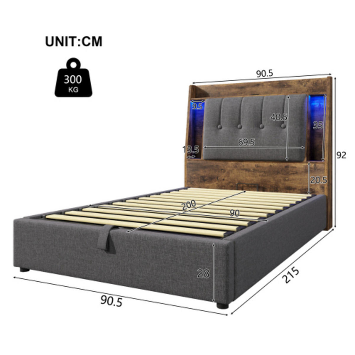POLSTERBETT 90 × 200 cm mit Leinenbezug, Klapp-Staufach, beidseitiger LED-Leiste und USB/Typ-C Ladeanschluss, grau - Grau, Textil (90/200cm) - Luhomfu