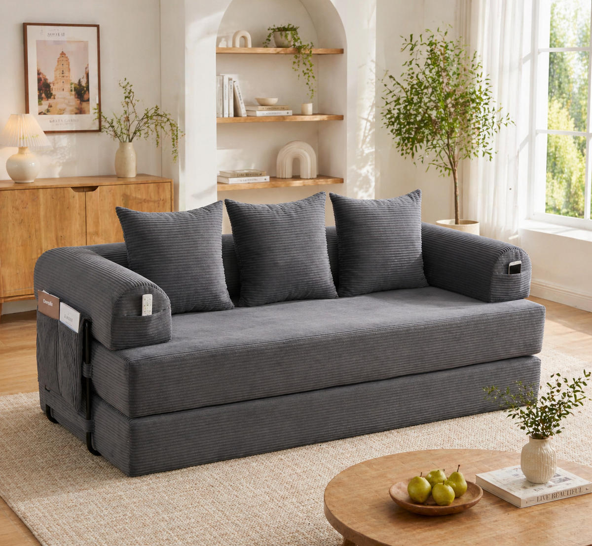 SOFA 200/94/67 cm aus Cord mit Metallgestell und 3 Kissen Dunkelgrau - Dunkelgrau, Textil (94/67/200cm) - Modenvie