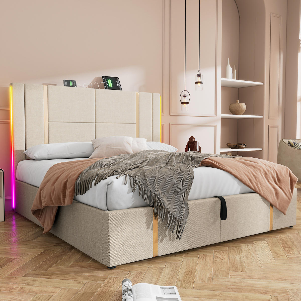 ČALÚNENÁ posteľ 160/200 cm béžová s LED, USB-C a úložným priestorom z ľanovej tkaniny - béžová, textil (160/200cm) - OKWISH