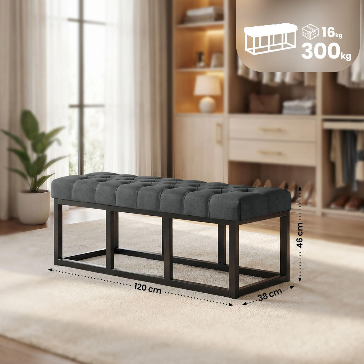 SITZBANK 120/38 cm Stoff Dunkelgrau - Dunkelgrau/Schwarz, Textil/Metall (120/46/38cm) - CLP