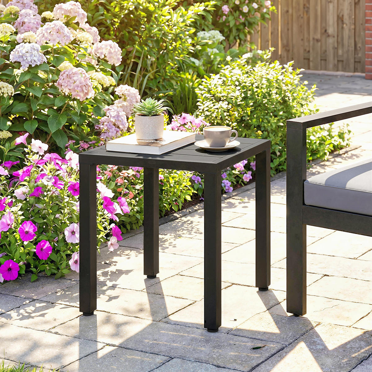 GARTENBEISTELLTISCH DE-14187 quadratisch 45x45 cm, höhenverstellbare Füße Schwarz - Schwarz, Metall (45/45/45.5cm) - ComfortXL