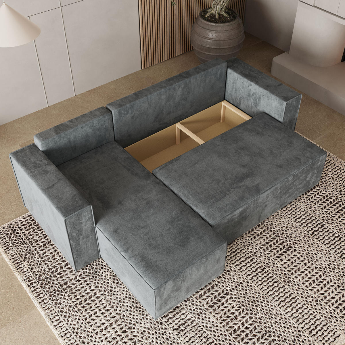 ROHOVÁ SEDAČKA RAVELO šedá - šedá, dřevo/textil (240/140cm) - MASSENO