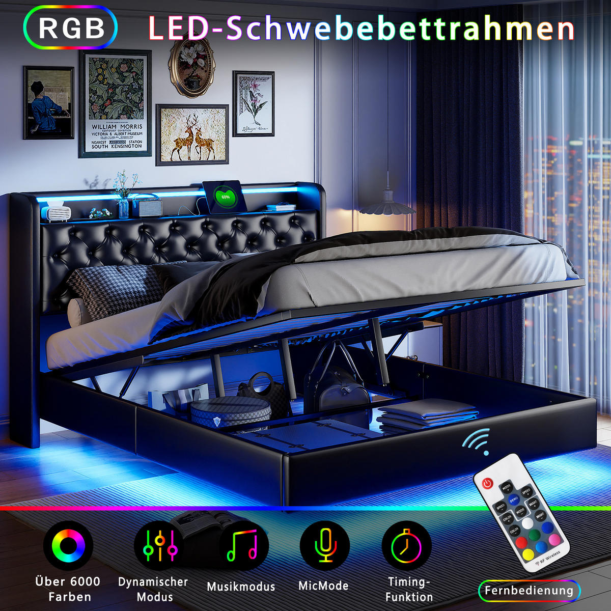 POLSTERBETT 160x200 cm LED USB Stauraum Lattenrost PU Leder schwarz - Schwarz, Holz (160/200cm) - LEBENLANG