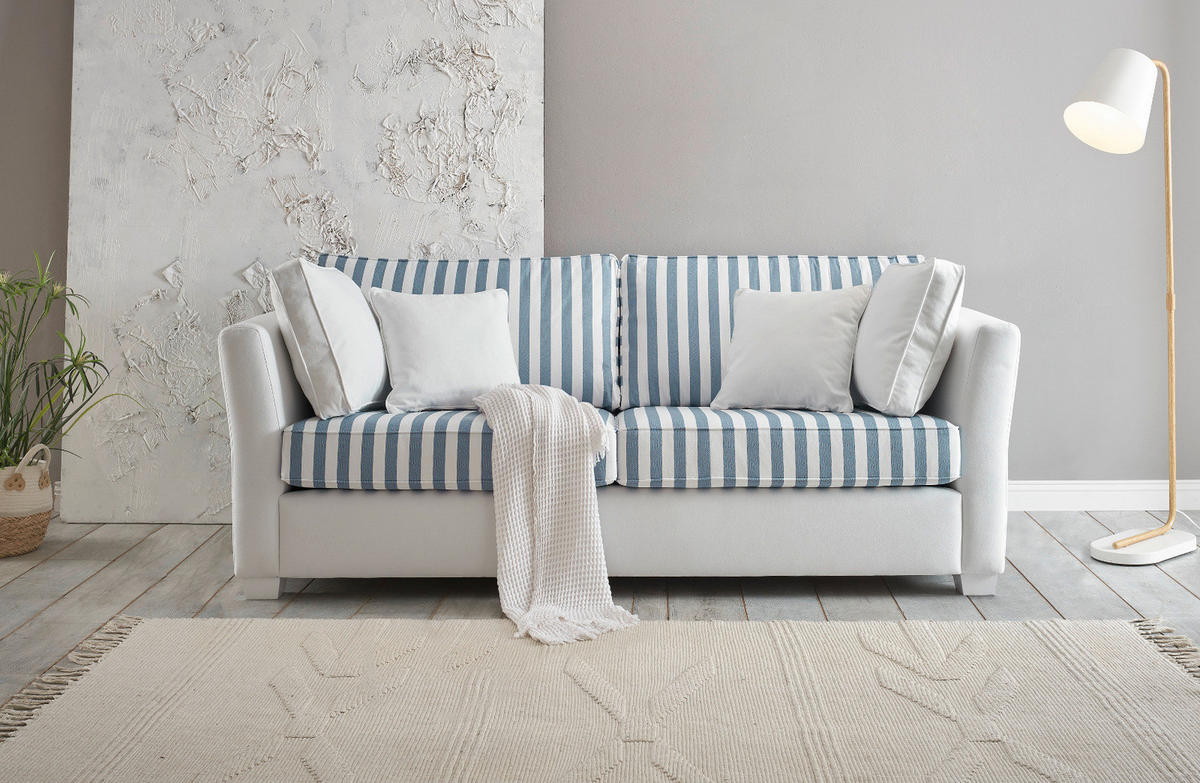 SOFA 2,5-Sitzer creme blau gestreift, Landhaus 200 cm, Couch inklusive 4 Kissen - Blau/Creme, Holz/Textil (200/88/96cm) - Furn.Design