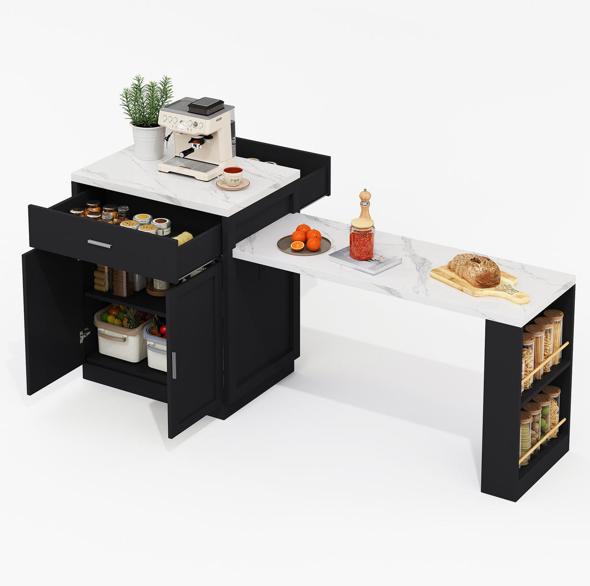 KÜCHENINSEL 211/55/89,5 cm aus MDF mit ausziehbarem Esstisch und Steckdosenleiste Schwarz - Schwarz, Holzwerkstoff (211/89.5/55cm) - Modenvie