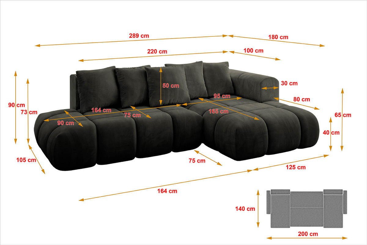 ECKSOFA Ottomane Rechts CLOUD-L-v1 289x180x40 Schwarz Velours - Schwarz, Holzwerkstoff/Kunststoff (289/180cm) - ALTDECOR