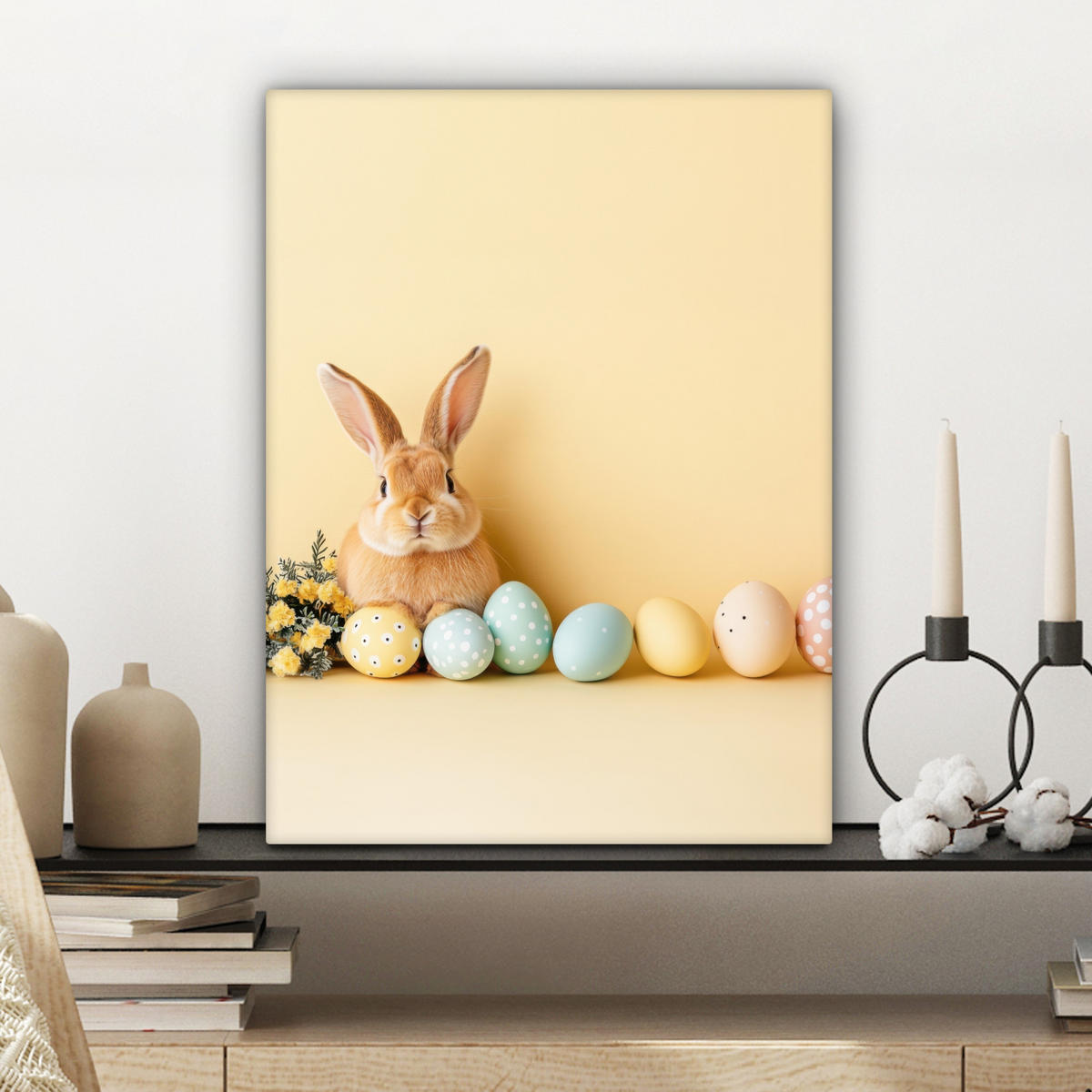 LEINWANDBILD Eier - Kaninchen - Pastellfarbtöne Room Decor 30x40 cm - Hellgelb, Textil (30/40cm) - MuchoWow