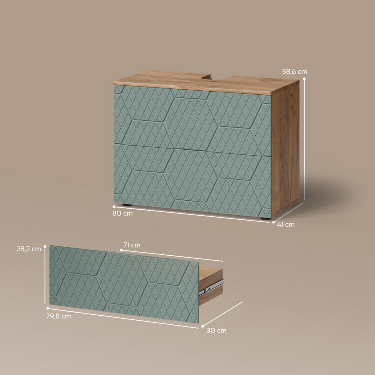 WASCHBECKENUNTERSCHRANK Ronco Grün 80 x 58.6 cm mit 2 Schubladen - Eiche Wotan/Grün, Holzwerkstoff (80/58.6/41cm) - Livinity®