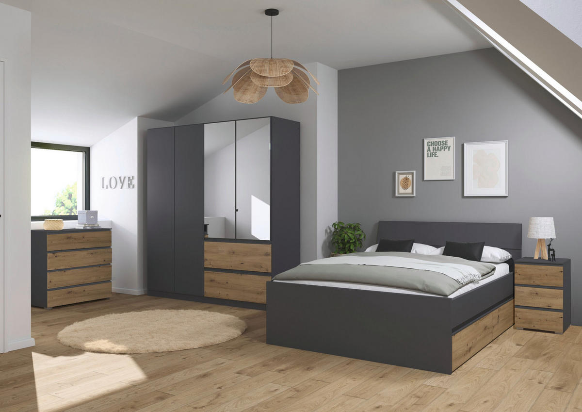 JUGENDZIMMER Joel in Grau Metallic und Artisan Eiche 4 teilig – mit 4trg Kleiderschrank, 140er Bett, Nachttisch und Kommode - Grau, Holzwerkstoff (80/200/120cm)