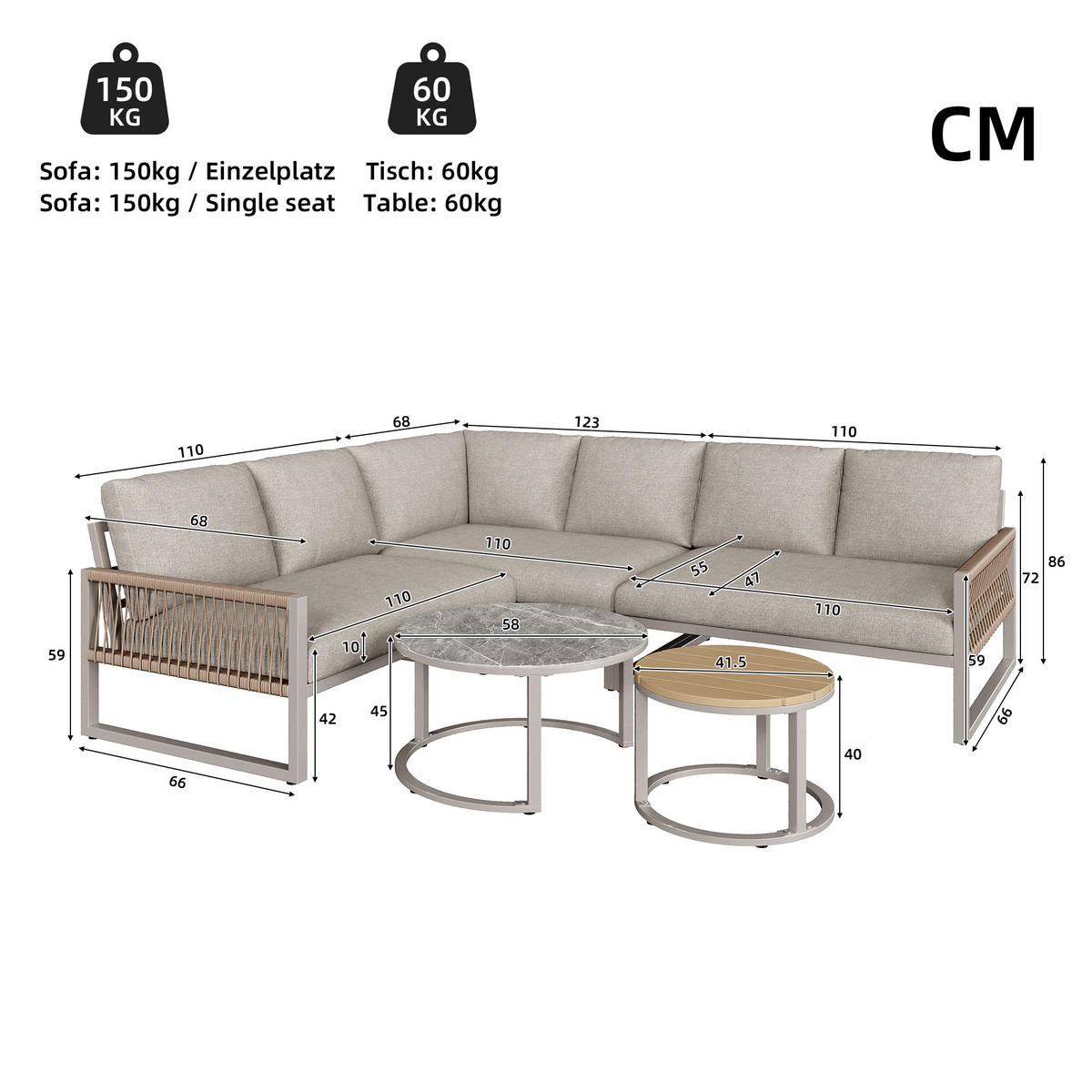 LOUNGESET 6-7 Personen Beige Eck Mit Verstellbaren Füßen - Beige, Metall - FLIEKS