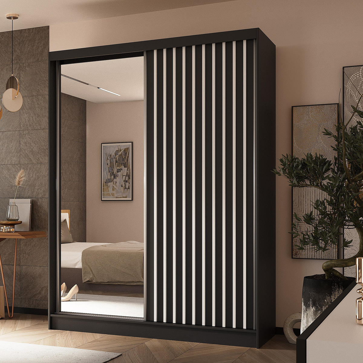 SCHWEBETÜRENSCHRANK LAMELLO 160/216/61 cm 2-türig mit Spiegel Schwarz - Schwarz, Holzwerkstoff (160/216/61cm) - MASSENO