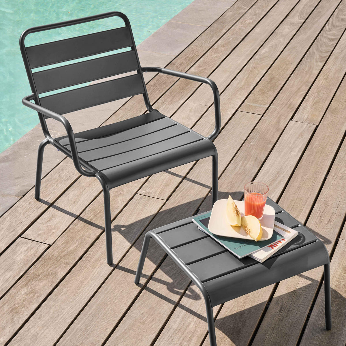 RELAXSESSEL MIT HOCKER, Grau - Grau, Metall (64/72/60cm) - Oviala