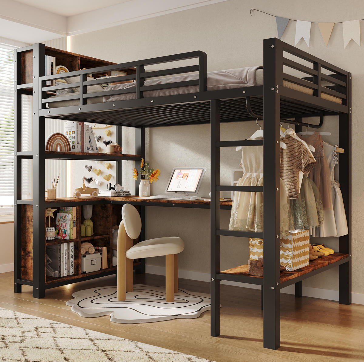 HOCHBETT Metall & MDF 90x200 cm Schwarz mit Schreibtisch, Kleiderstange und Regalen - Schwarz, Holzwerkstoff (90/200cm) - Modfu