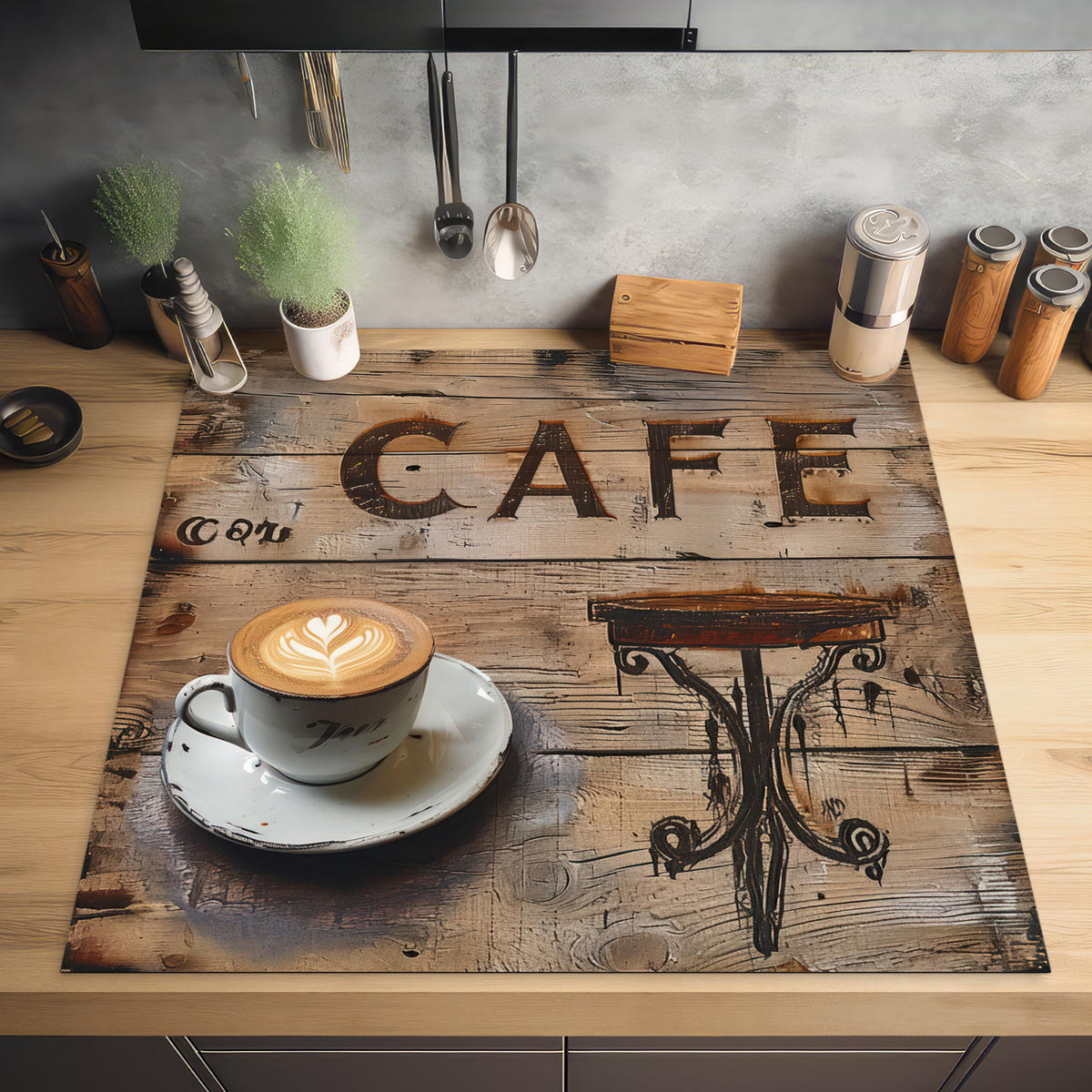 HERDABDECKPLATTE Cafe - Holz - Kaffee - Regale Induktionsmatte 78x78 cm - Schwarz, Kunststoff (78/78/0.2cm) - MuchoWow
