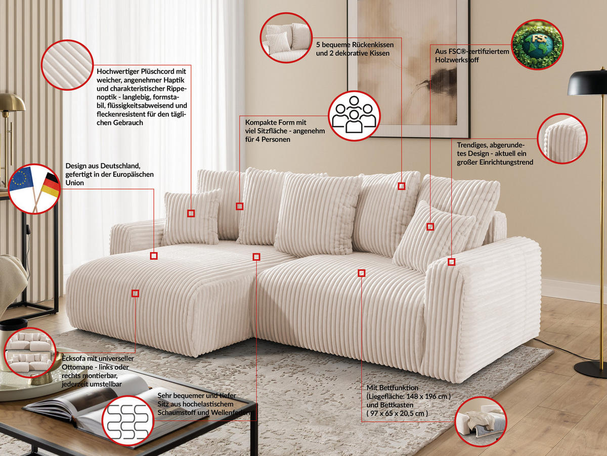 ECKSOFA Calma mit Schlaffunktion und Bettkasten im Bumpy-Design aus weichem Hellbeige Plüschcord - Ottomane links - Beige/Schwarz, Holz/Kunststoff (239/140cm) - S-Style