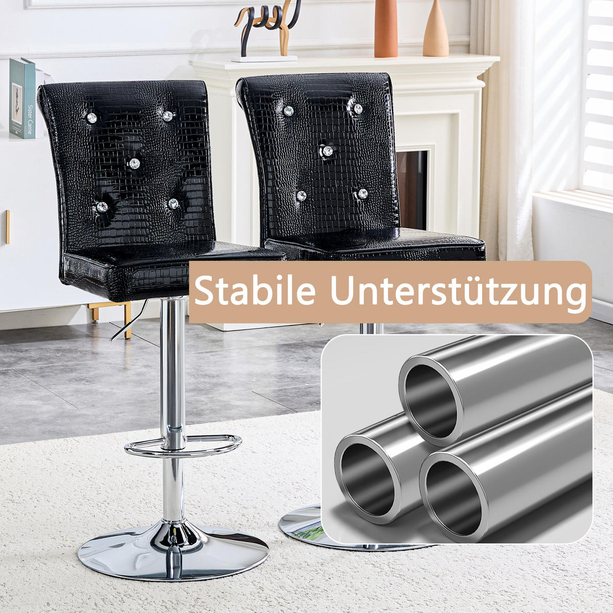 BARHOCKER 4er-Set Schwarz mit Kunstleder und Kristallknöpfen - Schwarz, Kunststoff (55/125/42cm) - PANGIVO