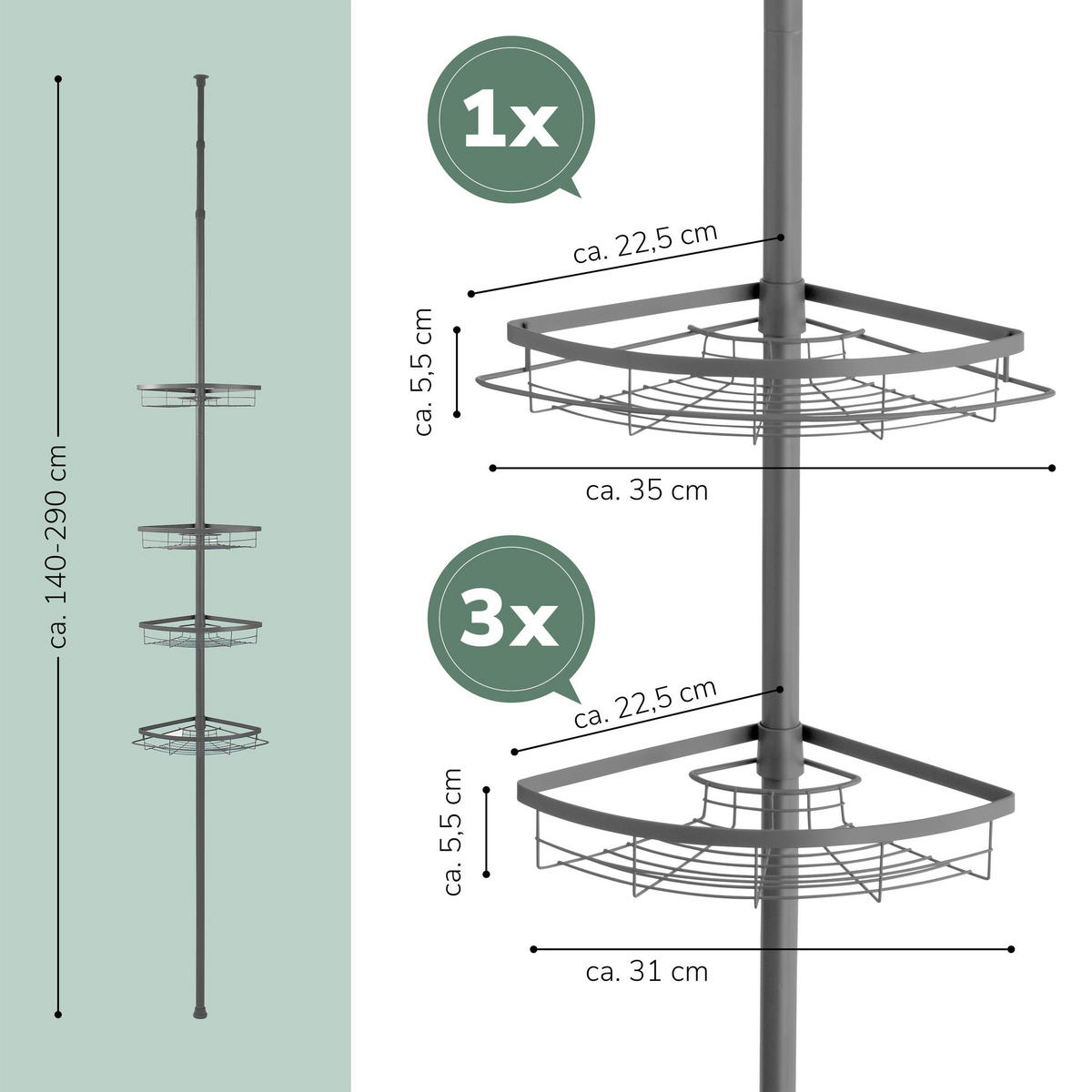 TELESKOP-DUSCHECKREGAL in Metall, grau - Grau, Metall (22.5/290/22.5cm) - bremermann