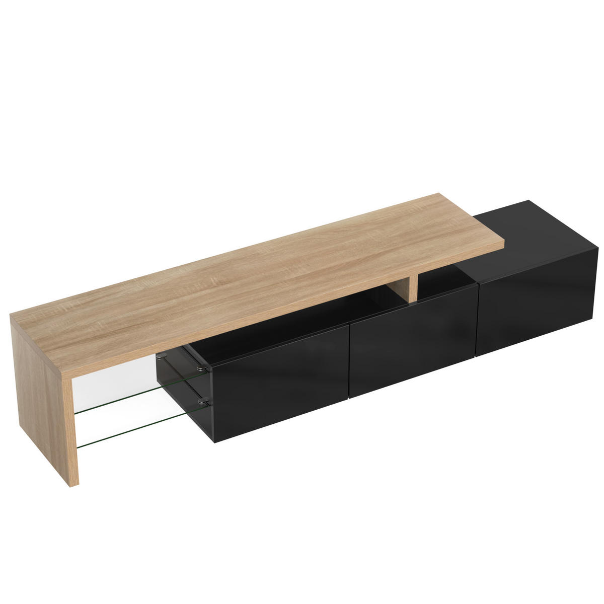 LOWBOARD mit LED-Beleuchtung, 3 Schubladen und Offene Fächer - Schwarz, Glas/Holzwerkstoff (197.5/42/39cm) - Urban Meuble