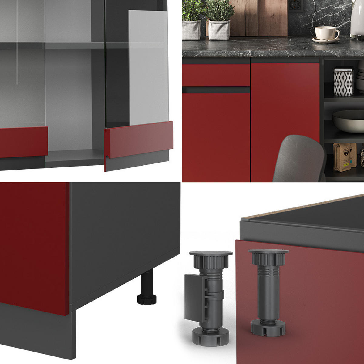 KÜCHENZEILE R-Line Rot/Anthrazit 240 cm, AP Marmor - Anthrazit/Rot, Holzwerkstoff (240/81.6/60cm) - Vicco