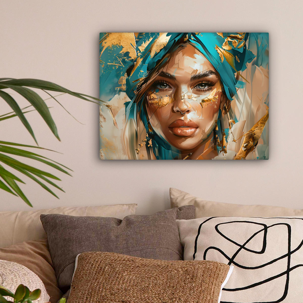 LEINWANDBILD - Frau - Porträt - Gold - Luxus - Blau - 40x30 - Wanddeko - Türkis, Textil (40/30cm) - MuchoWow