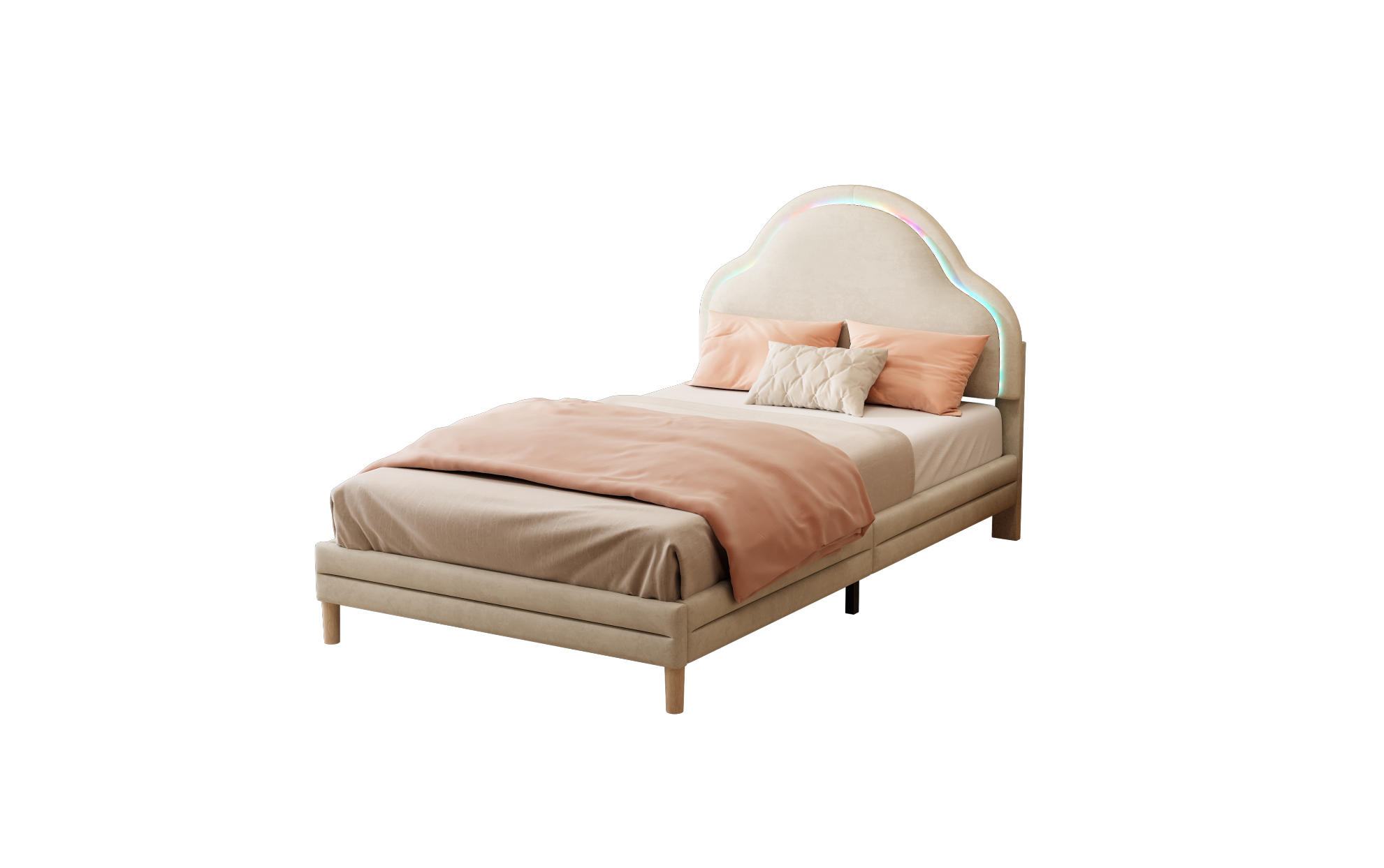 POLSTERBETT mit LED-Beleuchtung 90/200 cm in Beige mit wolkenförmigem Kopfteil - Beige, Textil (90/200cm) - BEAOK