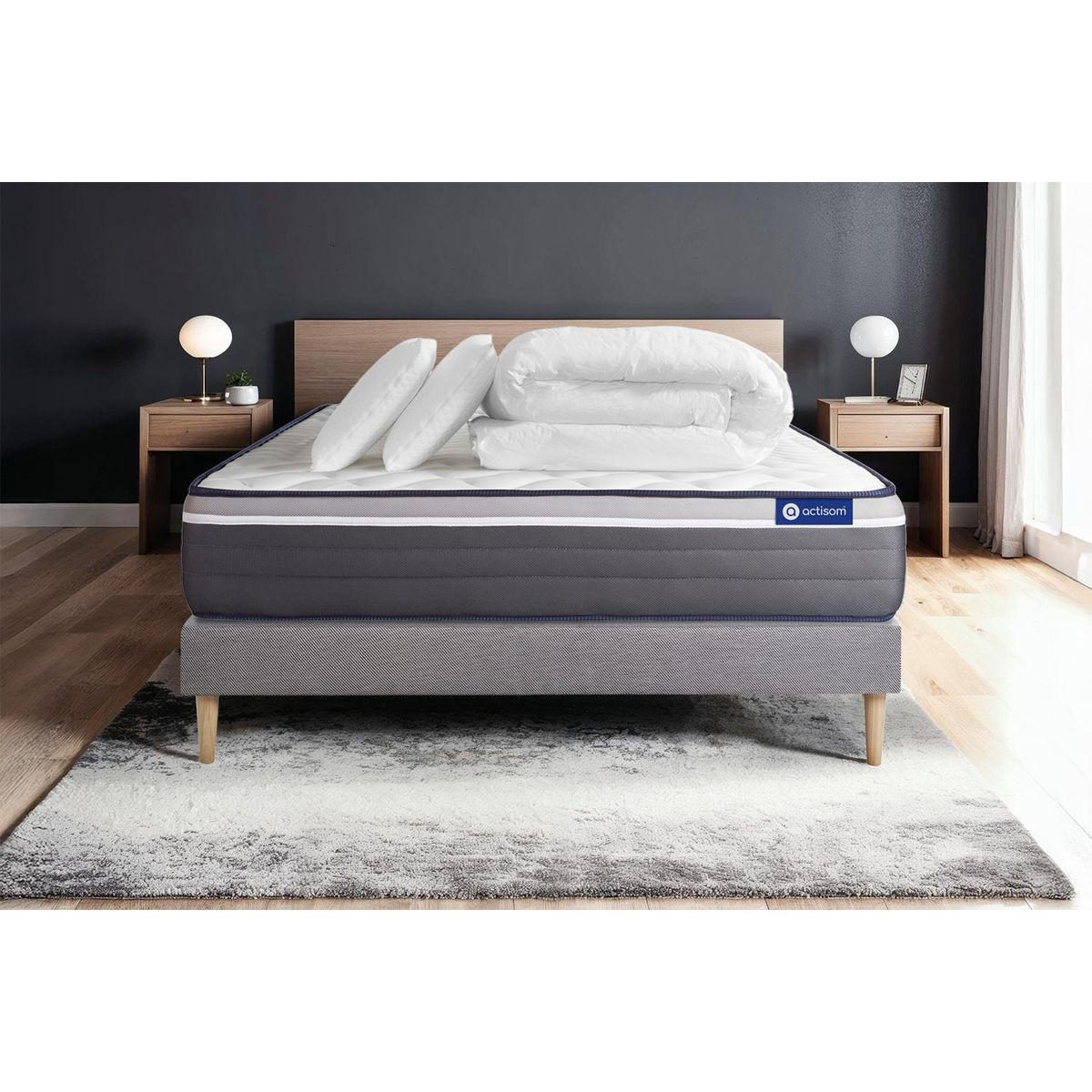 BETT Actiflex plus Taschenfederkern und Memory-Schaum 140 x 190 cm h4 - Kit Bettgestell Grau - Mit Kissen und Bettdecke - Beige/Grau, Karton/Holz (140/190cm) - ACTISOM