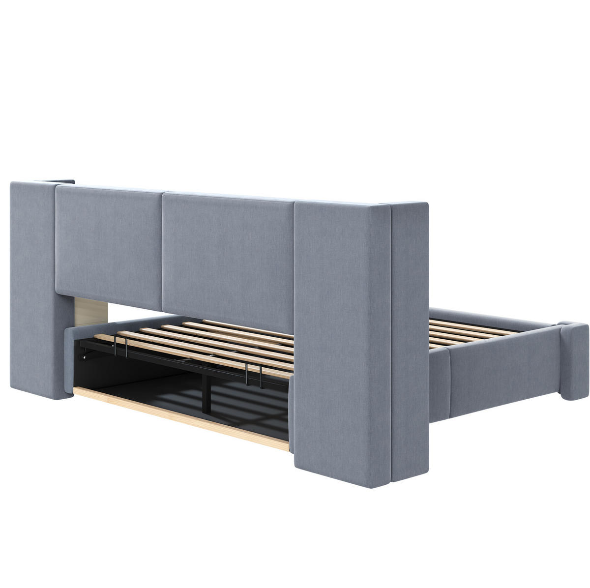POLSTERBETT aus Leinen und MDF 140x200 cm Grau mit LED-Nachttischen, Staufächern und Hydraulikfunktion - Grau, Textil (140/200cm) - Modfu