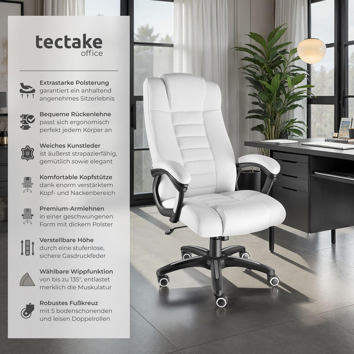 BÜROSTUHL Mafz, einstellbare Wippfunktion, weiß - Weiß, Textil (49/50/52cm) - tectake