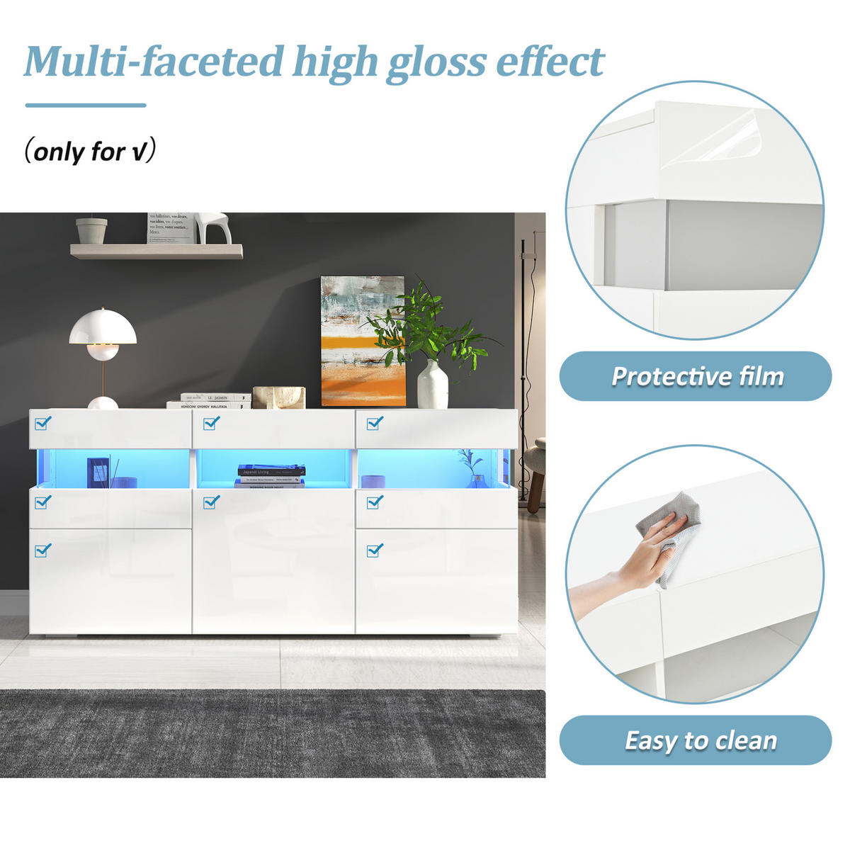 SIDEBOARD 140/40,5/66,5 cm, 3 Türen, Hochglanz-Front und app-gesteuerte LED für Wohnzimmer，Weiß - Weiß, Holzwerkstoff (140/66.5/40.5cm) - Redom