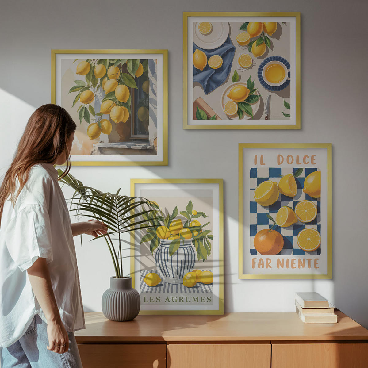 BILDER SET 4er Set - 50x50 cm & 40x60 cm Goldrahmen - Retro gelbe Zitrusfrüchte - Goldfarben, Kunststoff (50/50cm) - TULUP