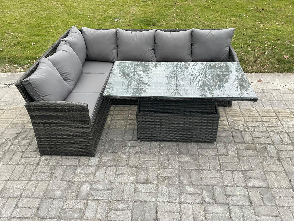GARTENSET mit Höhenverstellbarer Tisch Polyrattan Dunkelgrau 6-Sitzer - Dunkelgrau/Grau, Glas/Kunststoff - Fimous