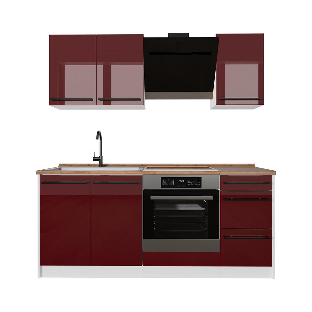 SINGLEKÜCHE R-Line, Rot Hochglanz/Weiß, 180 cm Arbeitsplatte Goldkraft Eiche - Rot/Weiß, Holzwerkstoff (180/206.8/60cm) - Vicco