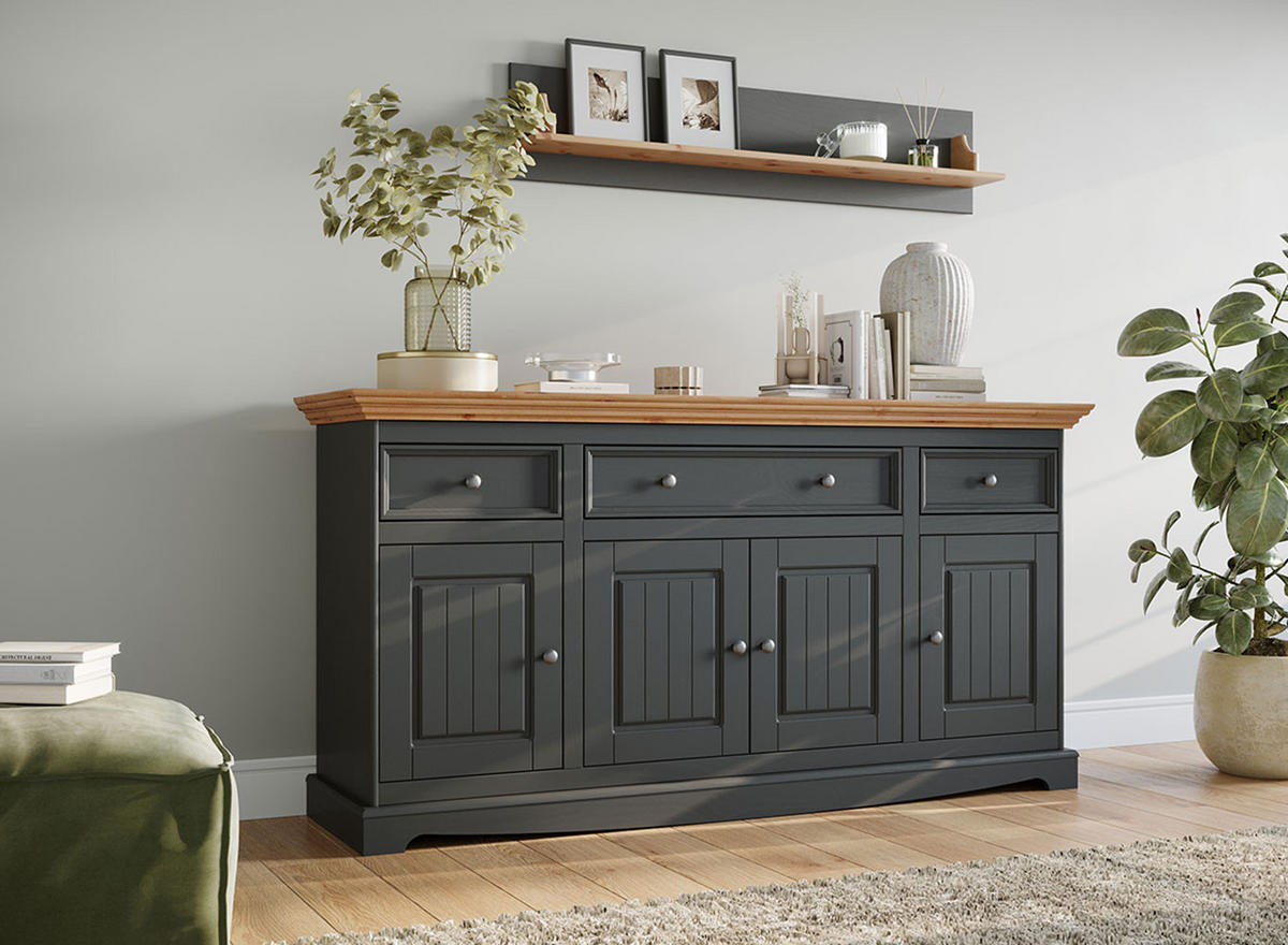 KOMMODE Belluno Elegante Kiefer Natur gebeizt / basaltgrau (RAL7012) lackiert 167 / 45 / 85cm - Grau/Kieferfarben, Holz/Metall (167/85/45cm) - Feldmann-Wohnen