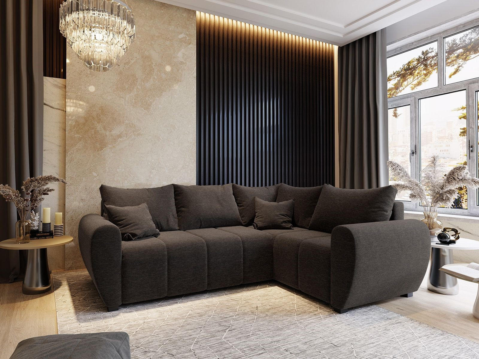 ECKSOFA MADISON L R-S Braun Dünner Stoff mit Schlaffunktion - Braun, Holz (235/175cm) - MASSENO