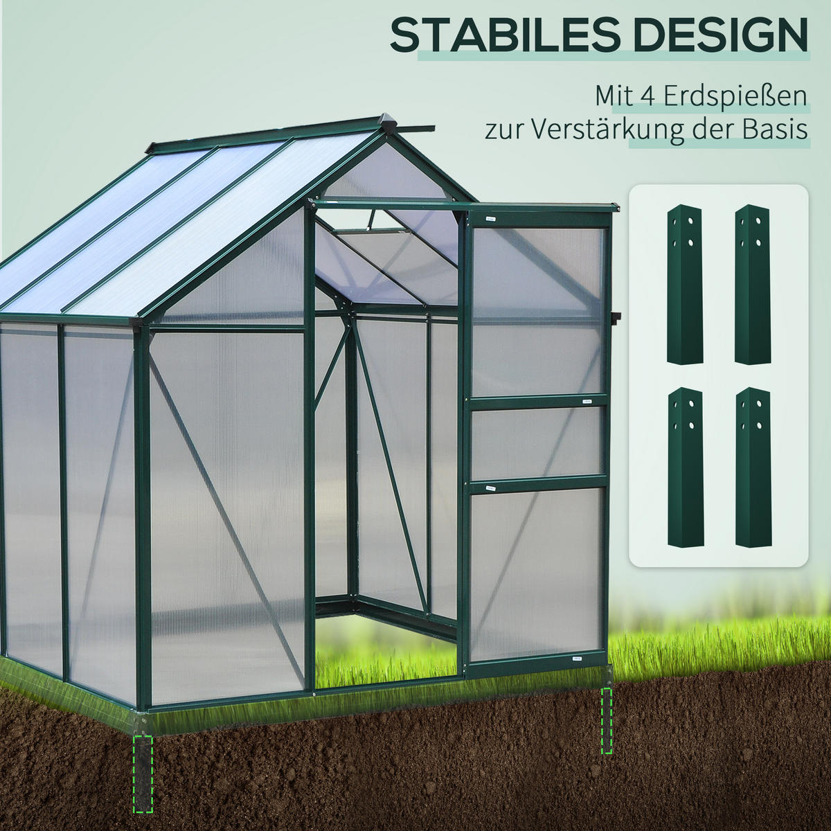GEWÄCHSHAUS mit Dachfenster mit Tür mit Fundament, Alu+Polycarbonat, Grün+Transparent - Transparent/Grün, Kunststoff/Metall (192/201/190cm) - Outsunny