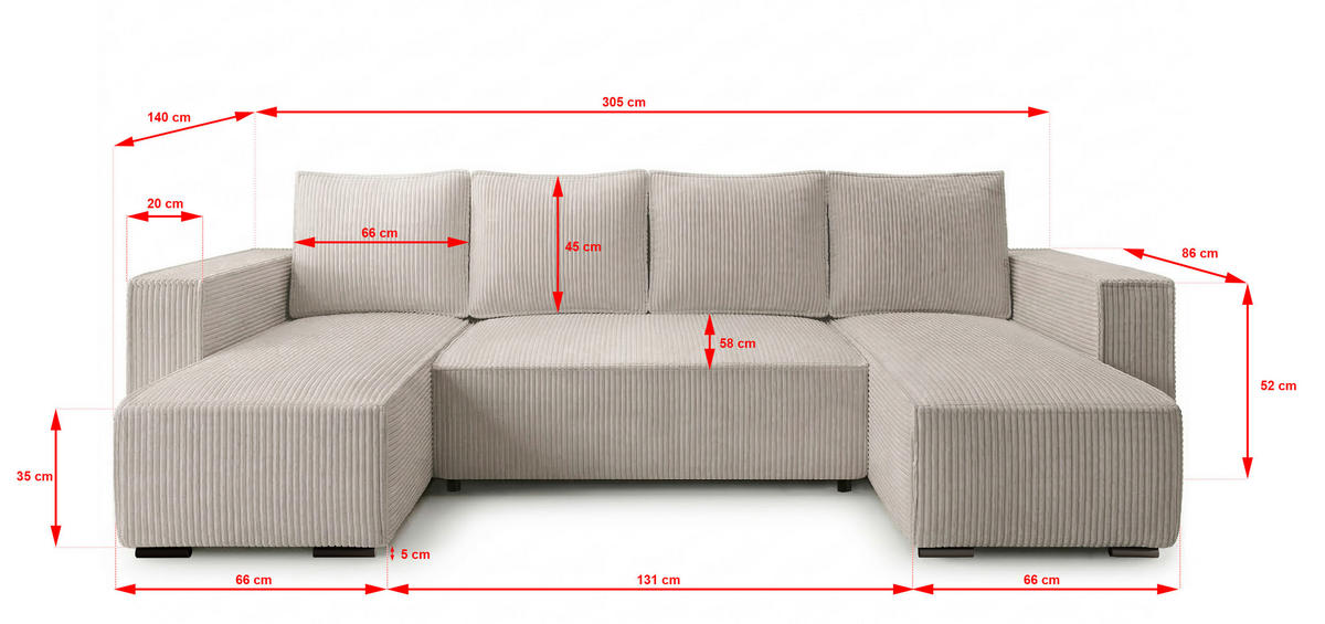 WOHNLANDSCHAFT CUDDY Umit Schlaffunktion und Bettkasten, Farbe: Hellbeige, Cordstoff - Beige, Textil (305/85/140cm) - Storez24