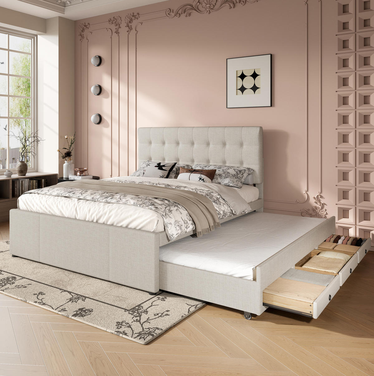 BETT mit Ausziehbett und 3 Schubladen 140x200 cm Leinen Beige - Beige, Holz (140/200cm) - Meubliv