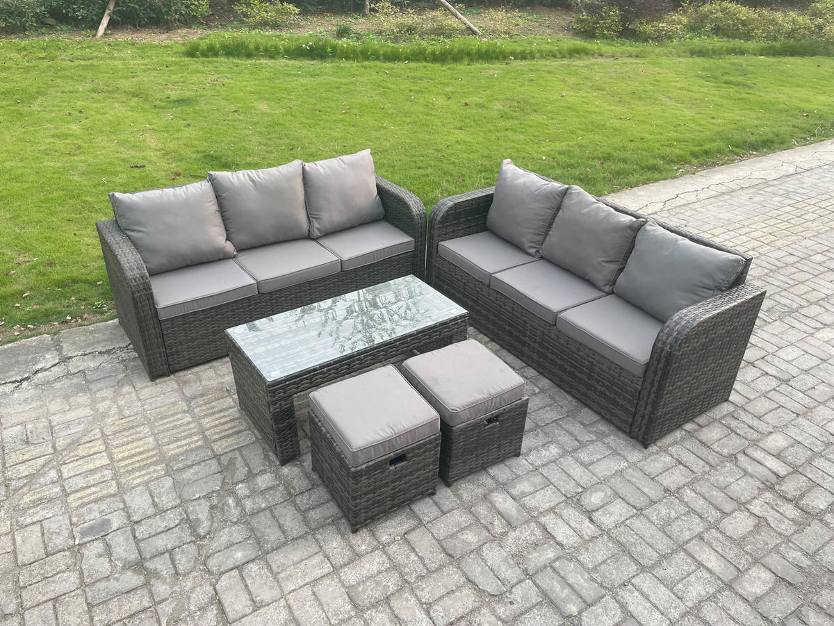 GARTENMÖBEL SET mit Sofa Polyrattan 8-Sitzer Dunkelgrau - Dunkelgrau/Grau, Glas/Kunststoff - Fimous