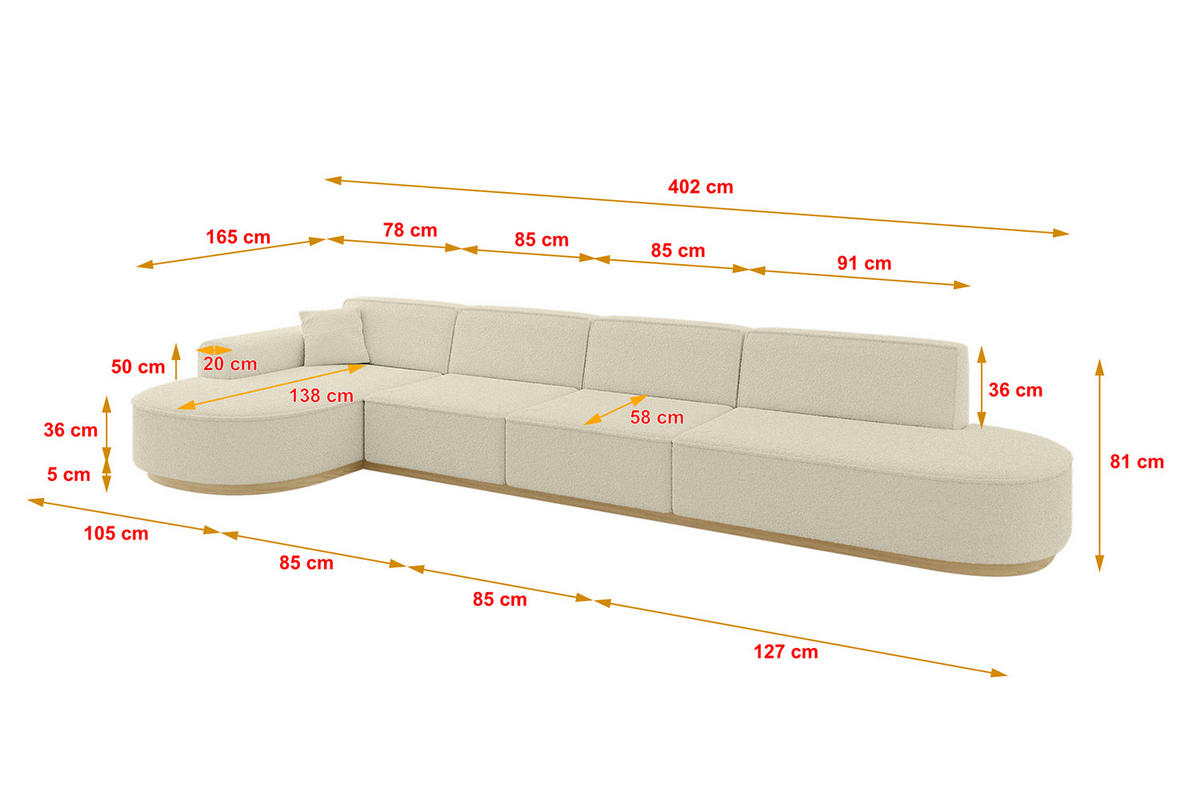 ECKSOFA Ottomane Links MARI-L3-v2 - 413x171x83 cm Beige Bouclé - Beige, Holzwerkstoff/Textil (413/171cm) - ALTDECOR