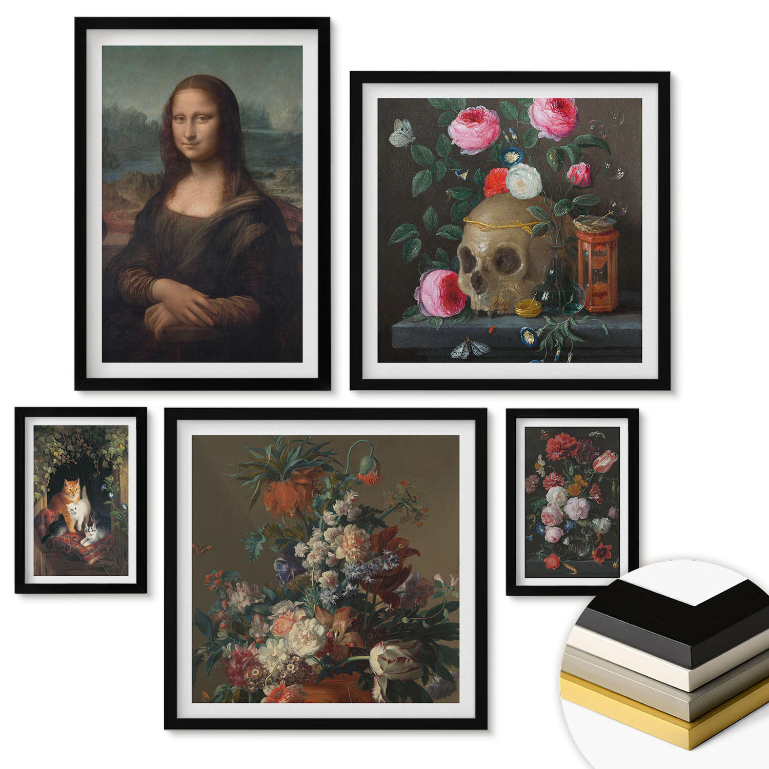 WANDBILDER 5er-Set - 50x50 cm & 20x30 cm & 40x60 cm Schwarzer Rahmen - Vintage Blumen Totenkopf Mona Lisa - Schwarz, Kunststoff (40/60cm) - ArtPrintCave