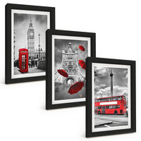 BILDER SET 3er Set - 20x30 cm Schwarzer Rahmen - Roter Regenschirmstand und Londoner Bus - Schwarz, Kunststoff (20/30cm) - TULUP