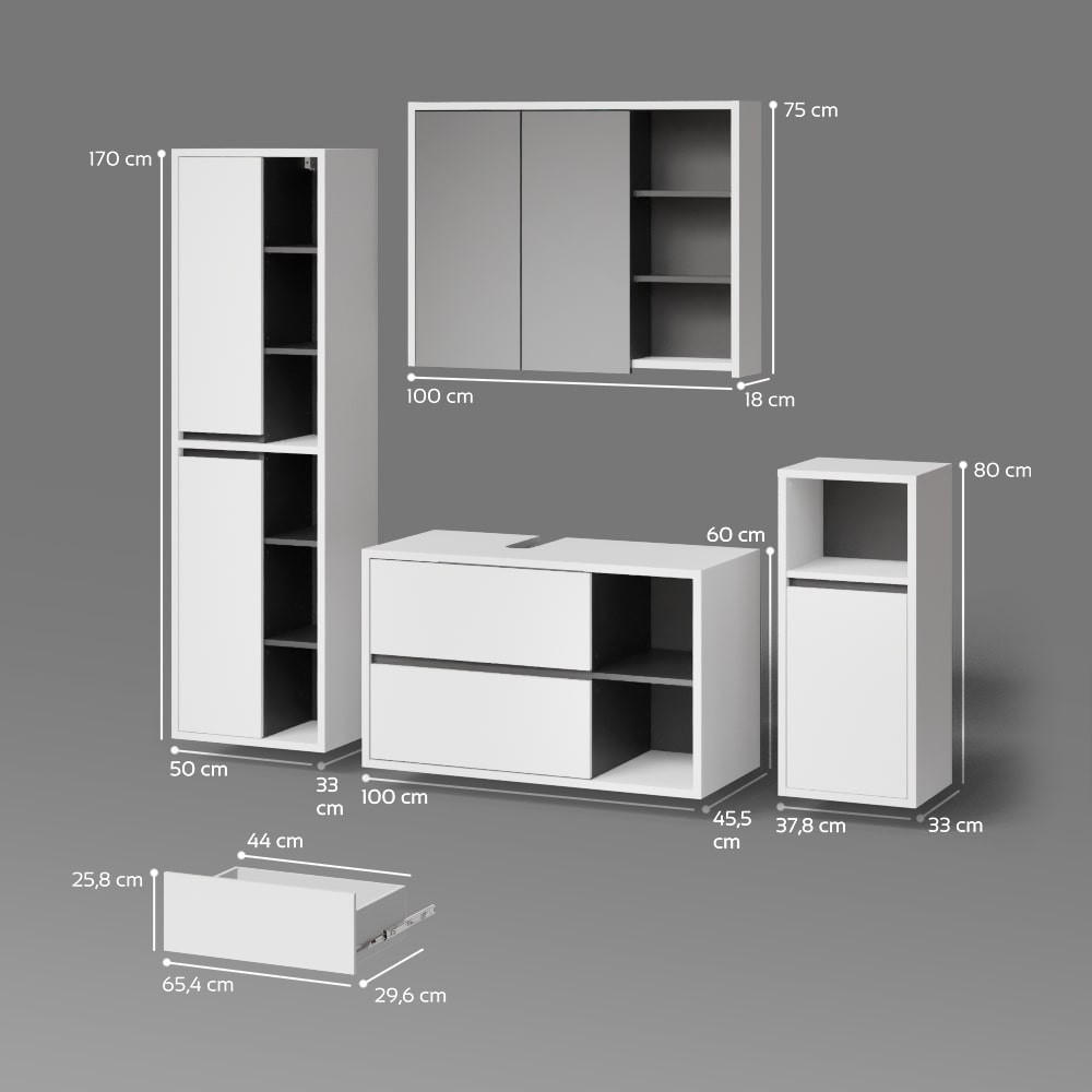 Thumbnail - Livinity® Badmöbel-Set, Weiß, Anthrazit, Holzwerkstoff, 16 Fächer, 2 Schubladen, Rechteckig, 45x100x60 cm, Badezimmer, B...