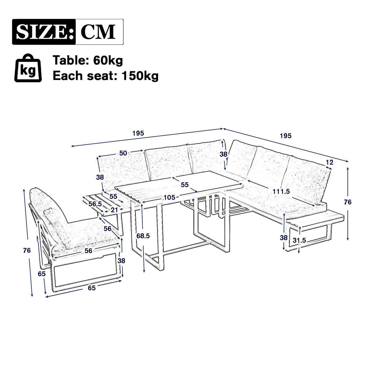 LOUNGEGARNITUR mit Esstisch, Grau + Schwarz - Grau, Metall - KOMHTOM