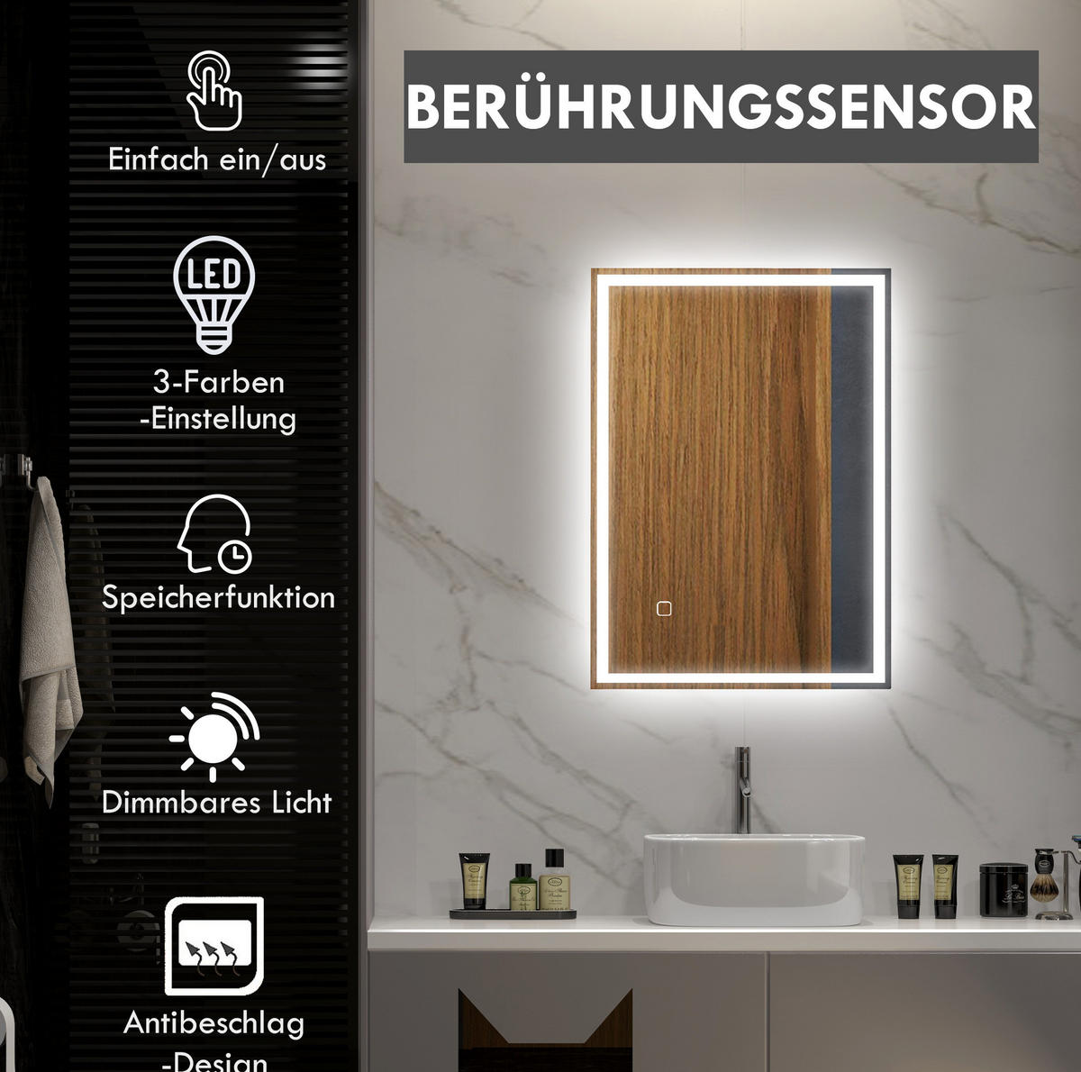 WANDSPIEGEL 50/4/70 cm silber aus Glas mit LED-Beleuchtung und Touch - Silberfarben, Glas (70/4/50cm) - OKWISH