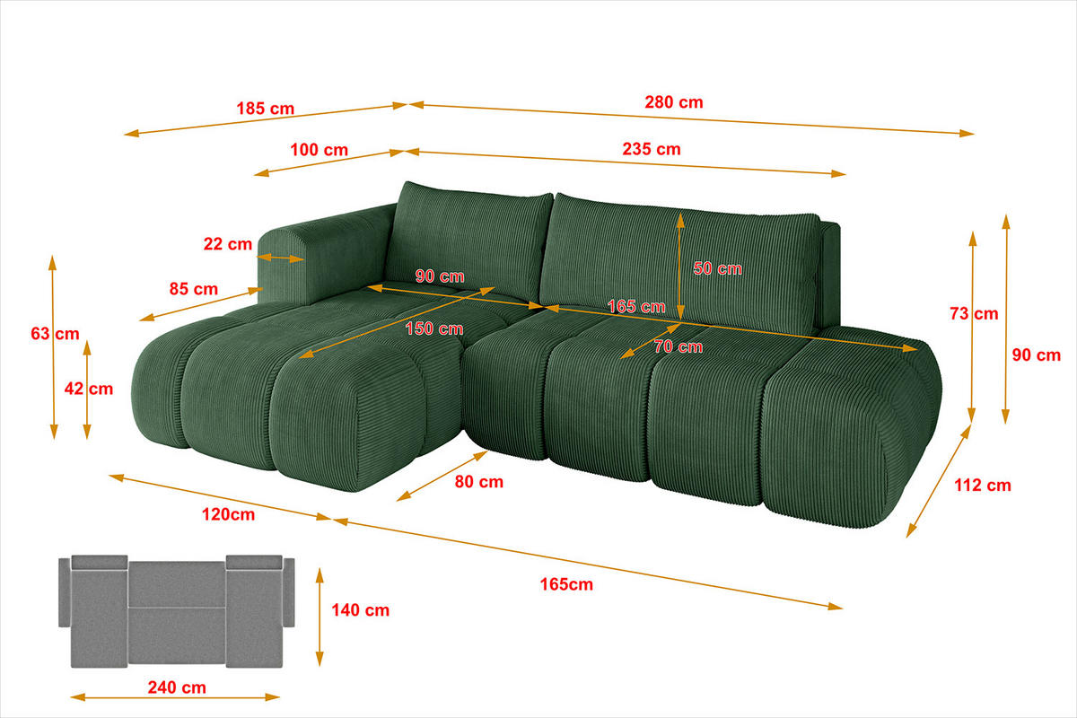 ECKSOFA Ottomane Links CLOUD-L 280x185x90 Grün Cord - Grün, Holzwerkstoff/Kunststoff (180/289cm) - ALTDECOR